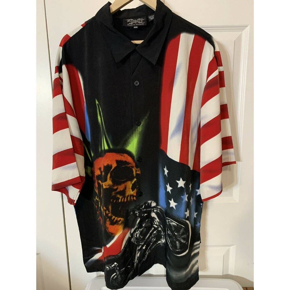 Dragonfly Clothing Co Men’s Sz XXXL Skull Motorcycle Biker Button American Flag - Picture 3 of 6
